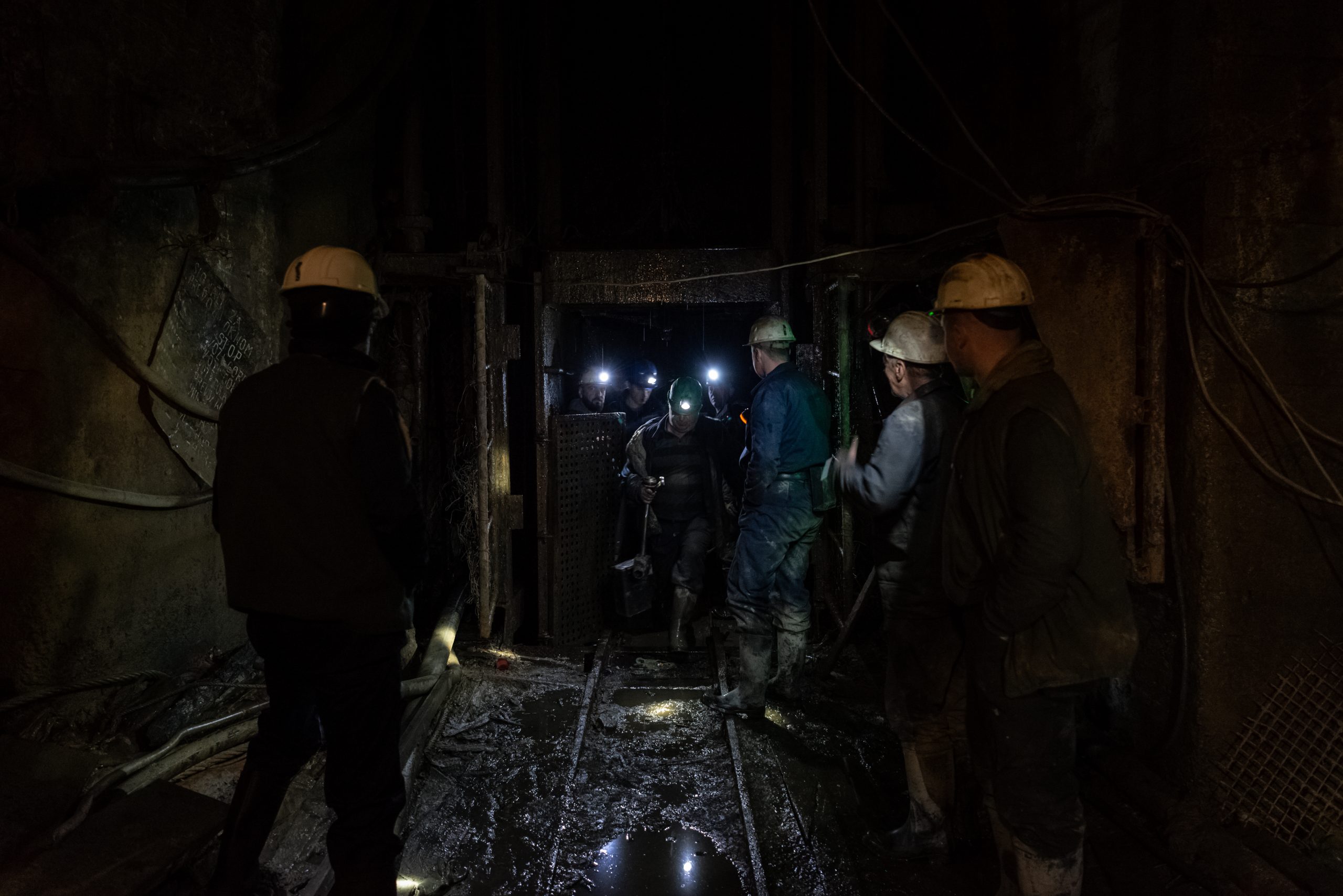 Miners at the end of a shift in the galleries at the Trepça mine site in Crnac.