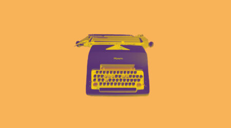 A graphic of a typerwriter on a orange background.