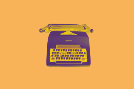 A graphic of a typerwriter on a orange background.