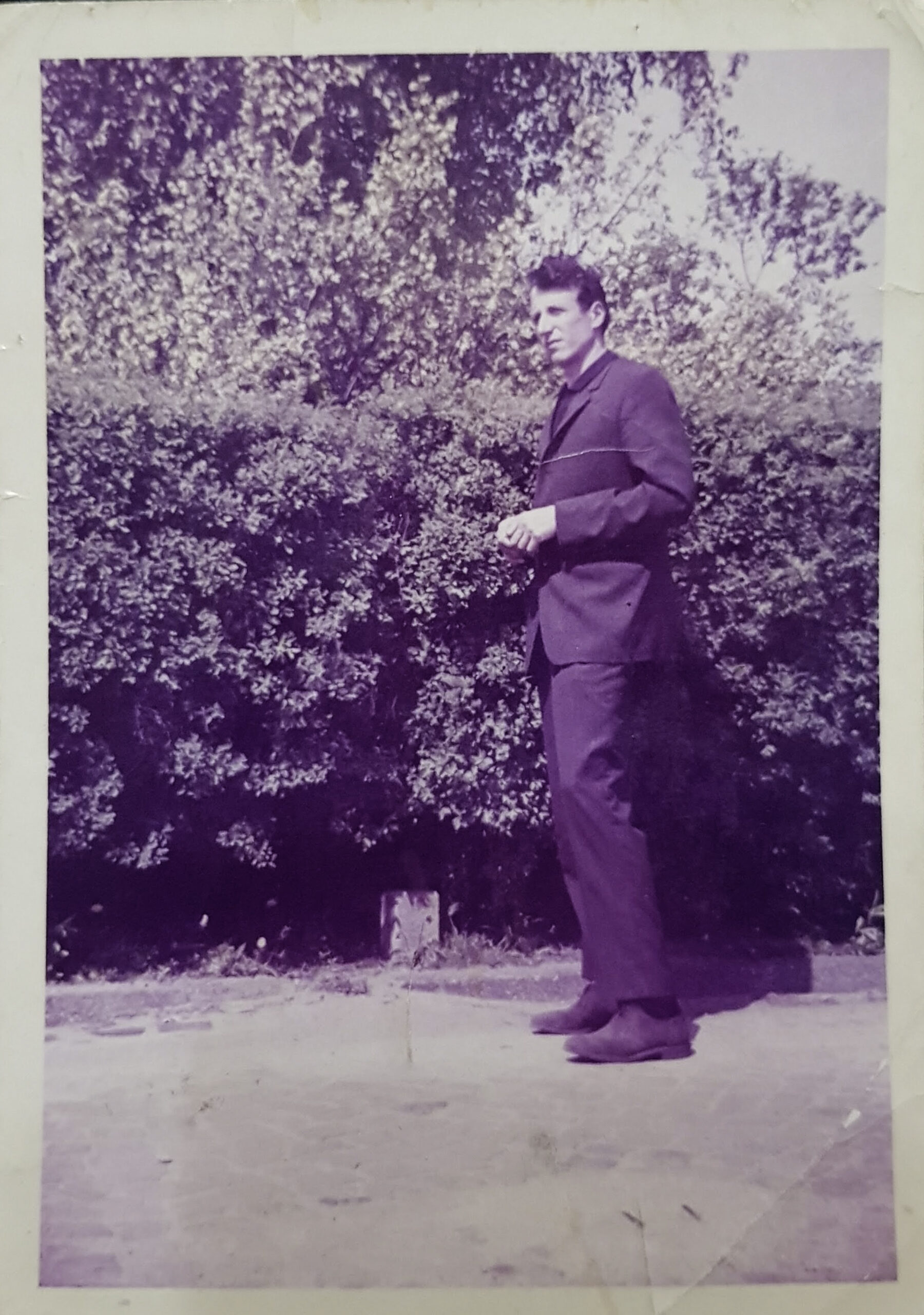 A man stands next to some bushes, wearing a suit and facing sideways.