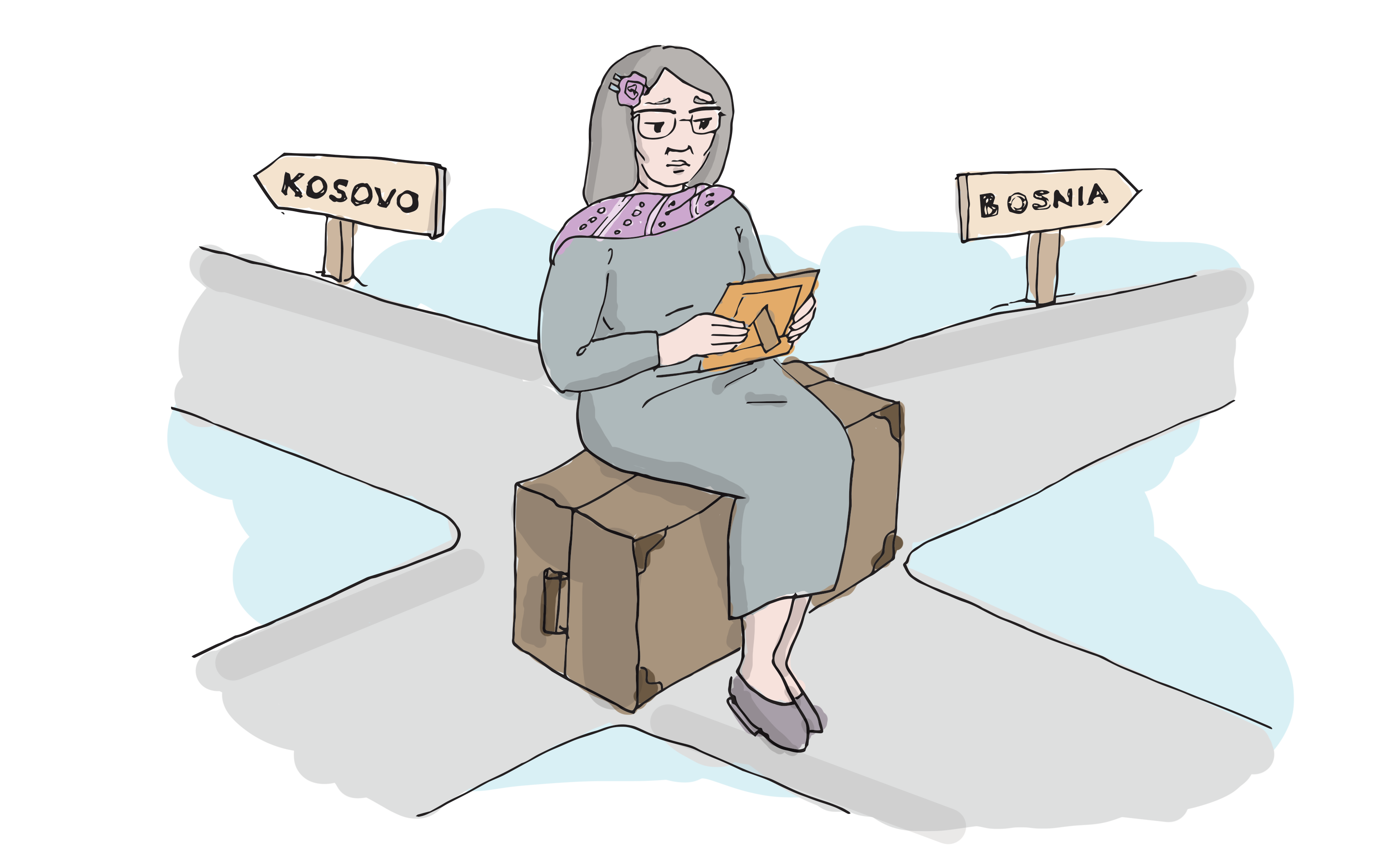 An old woman is sitting on her travel luggage with a photo frame on her hand. She is wearing glasses and has gray hair with a rose flower clip on them. Her look is sad and nostalgic while her eyes look at the photo on her hands. She is wearing a lilac scarf with lines and dots, and a gray dress. She is in the middle of a crossroad with four streets. On the left an arrow sign directs towards the outer part of the image, with the word Kosovo written in it. On the opposite direction, in the right side of the image, a sign writing Bosnia points towards the outer part of the image. The old woman feels like stuck in the middle of these two directions.