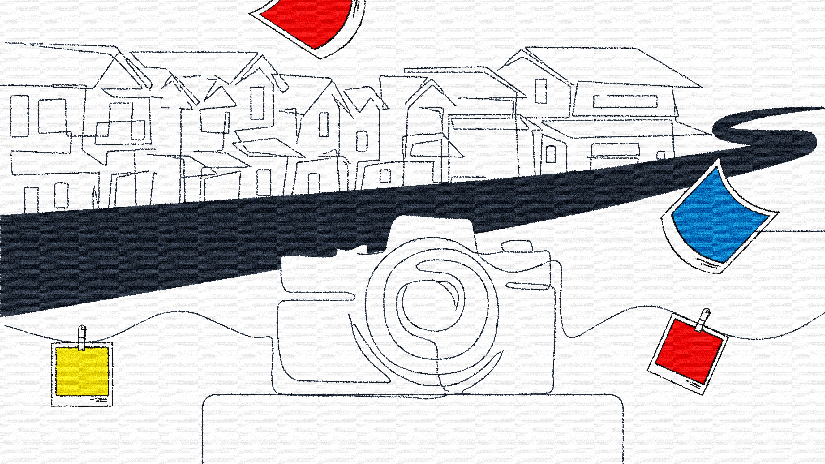 The illustration features a camera in the centre with a winding road and flexible silhouettes of houses in the background. To the left and right of the camera, hanged in a thin thread coming out of it, the illustrator has painted Polaroid photographs in colours: red, blue and yellow.