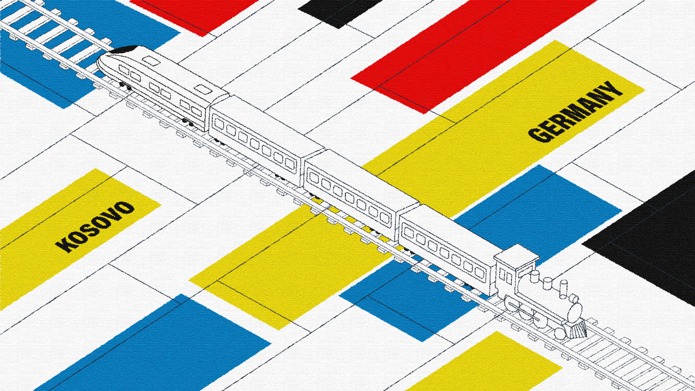 The illustration features a train carriage whose windows resemble an analogue film strip. In each window, as if it were a separate shot, there is a photograph, and a year is written in numbers. Starting from left to right, in the first window, a man is seen in profile, sitting on a train seat while the window shows the year 1996. He looks calm, old in age and wears glasses. Behind him, the silhouette of a young boy is drawn in the next window. The boy looks worried, holding his head in his hands as the window shows the year 1998. The fourth window of the train carriage shows a table lamp while the year 2004 appears in the background. The last window of the carriage shows a young girl taking a picture outside the window while the year 2008 is written above her head. The wagon is drawn in black and white, while a strip coloured in red, blue and yellow can be seen at the end. GERMANY is written in black on the red stripe, while KOSOVO is written on the yellow stripe in black as well. On the horizon, the illustrator has lightly presented the silhouettes of the buildings of a city.