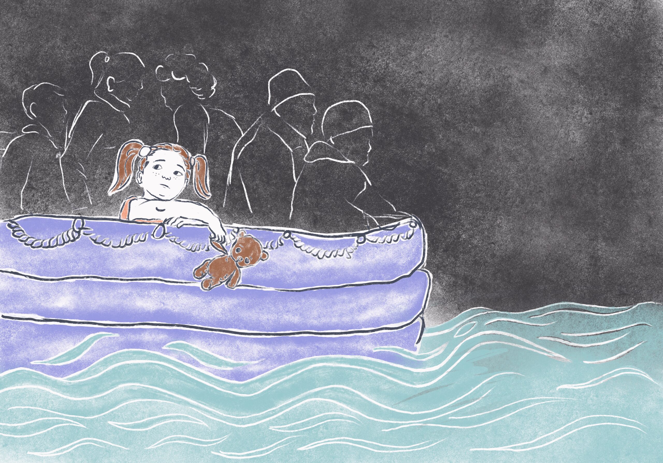 This image is an illustration of a girl holding a teddy bear and five strangers crossing the sea in a small boat.