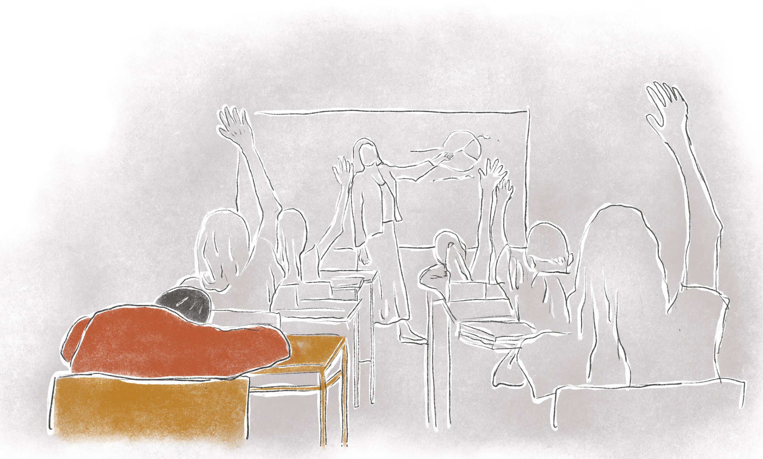 This image is an illustration of a child sitting in the back of a classroom with their head down as other students raise their hands.