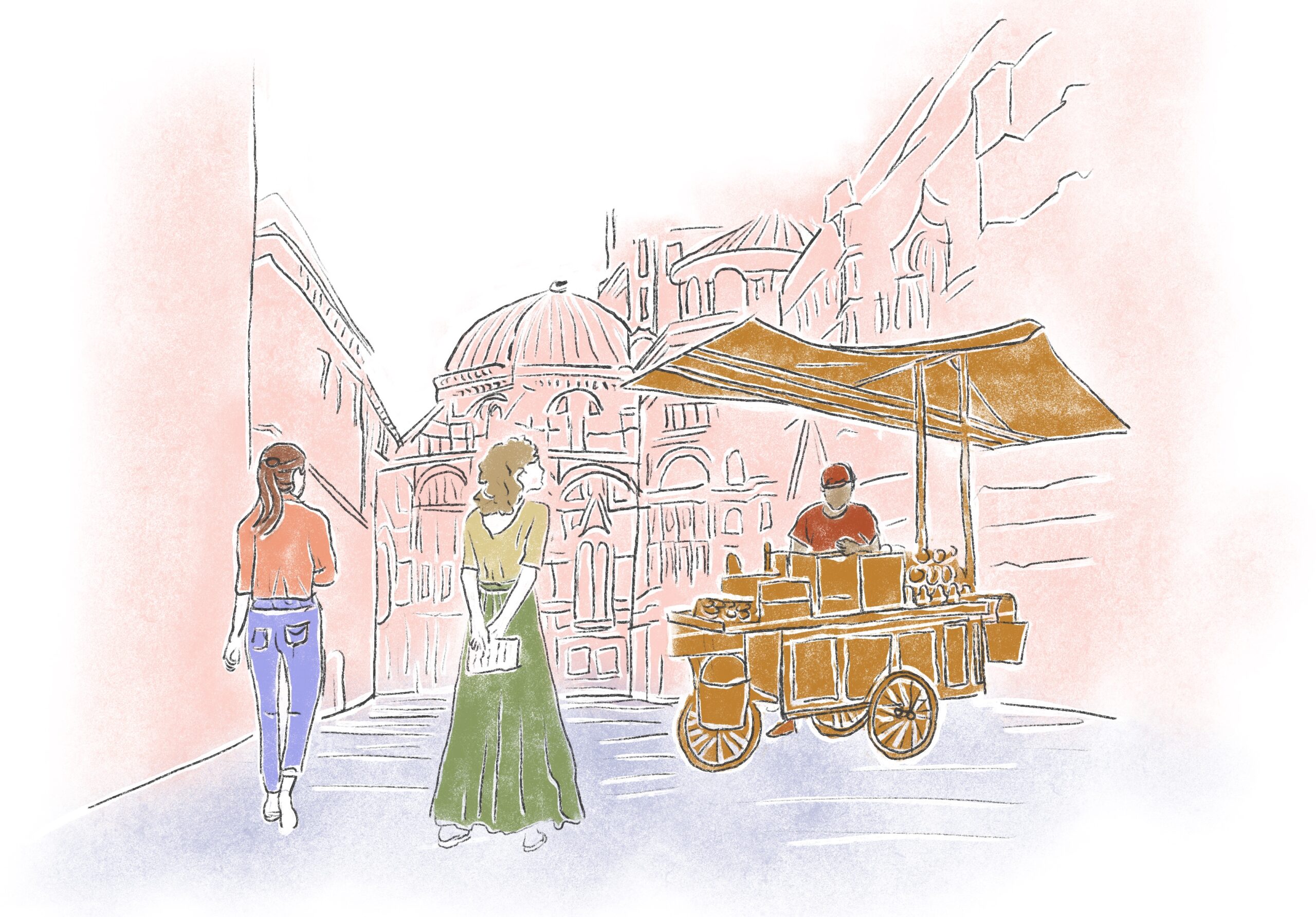 This image is an illustration of two women walking toward a person with a cart selling food and other items.