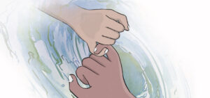 The image is an illustration. There is a big hand on the right and a smaller one on the left. The hands are holding their pinky fingers together. In the background there is a large abstract whirl of blue and green brush lines.