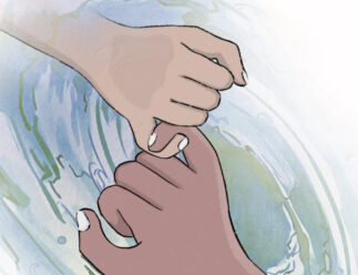 The image is an illustration. There is a big hand on the right and a smaller one on the left. The hands are holding their pinky fingers together. In the background there is a large abstract whirl of blue and green brush lines.