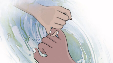 The image is an illustration. There is a big hand on the right and a smaller one on the left. The hands are holding their pinky fingers together. In the background there is a large abstract whirl of blue and green brush lines.