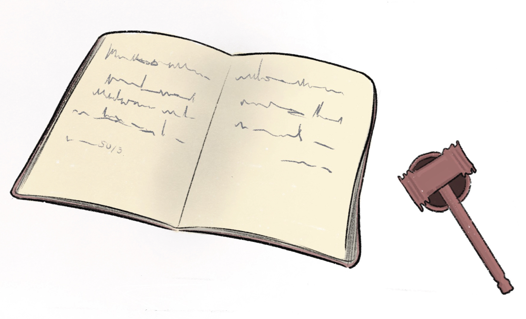 The image is an illustration. There is an open notebook. There is something written on it, but the text is not distinguishable. On the right side there is a brown gavel.