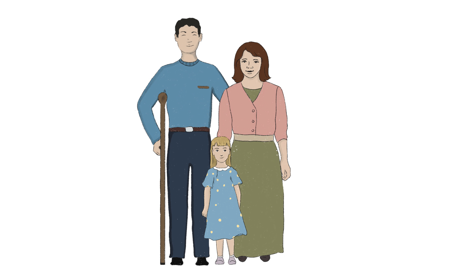 The image is a colorful illustration. There is a family consisting of a father, a mother and a daughter. The father is on the left. He has black hair and he is wearing a blue blouse, dark blue pants, black shoes, and a brown belt. He is supported by a brown walking cane. He is smiling. On the right side is the mother. She has brown hair and she is wearing a long green dress, a peach-colored sweater and black shoes. She is smiling as well. In between them, there is the little girl. She has blonde hair and is wearing a blue dress with yellow dots and pink shoes. She is also smiling slightly.