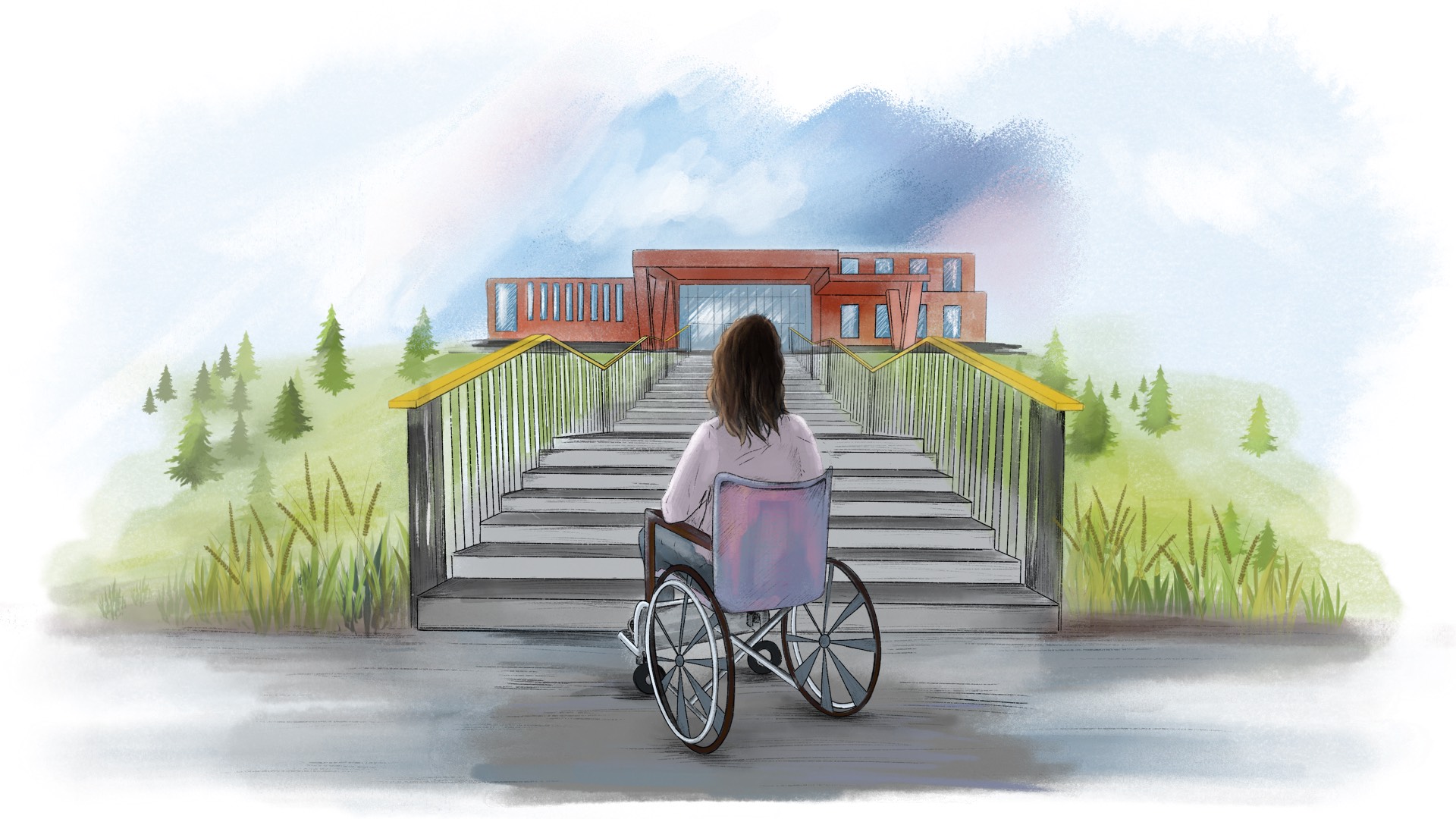 Digital illustration of a person in a wheelchair facing a flight of stairs leading to a school. The person has shoulder-length dark hair and is wearing a light-colored top. The stairs are bordered by railings. The background features a cloudy sky and some greenery. The overall scene conveys a sense of inaccessibility due to the stairs.