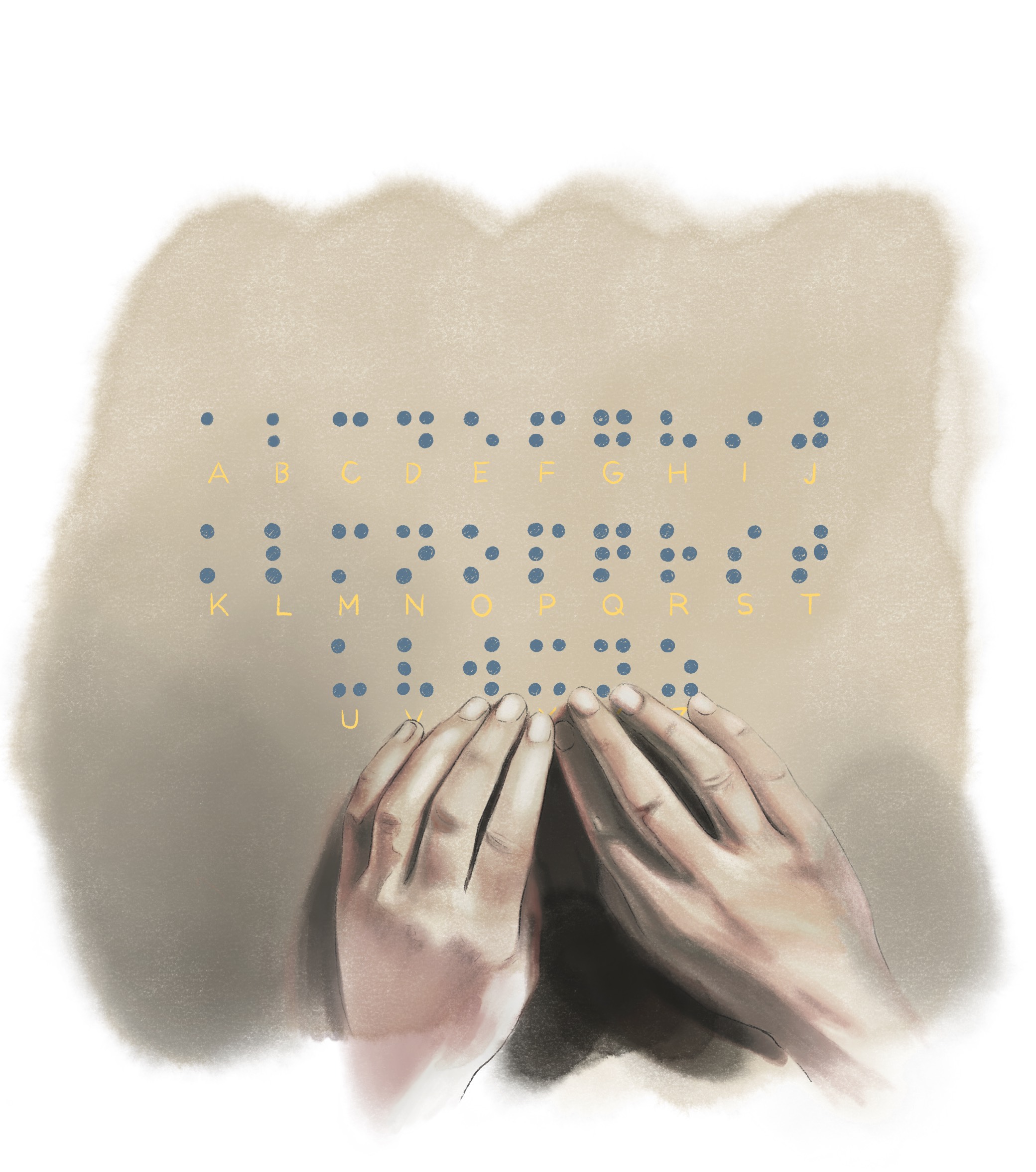 A digital illustration of two hands reading Braille. Above the hands, there is a Braille alphabet chart with the letters A to U.