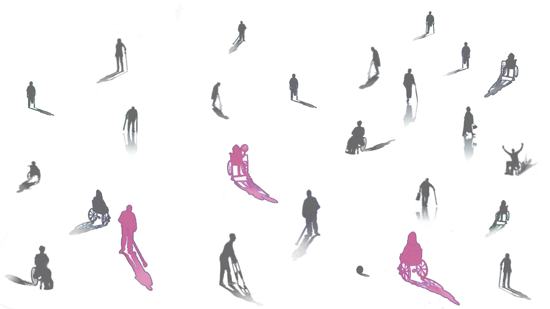 A digital illustration of silhouettes of people with disabilities. 22 of the silhouettes are gray to imply the percentage of children with disabilities who are excluded from the education system. 3 are pink to imply the low percentage of children with disabilities who are part of the education system.