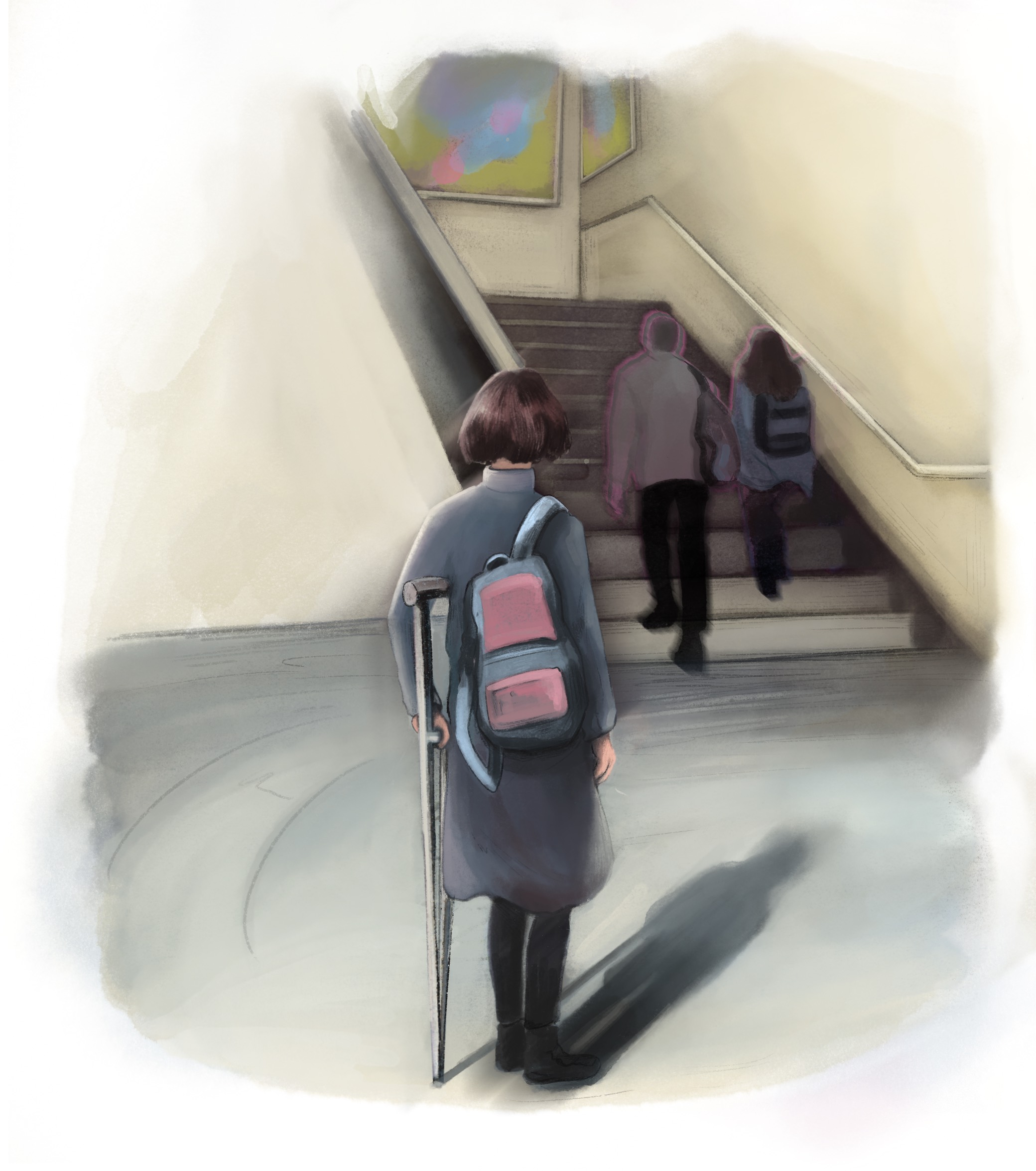 Digital illustration showing a person with a cane standing at the bottom of a staircase. The person is wearing a long coat and has a pink backpack. They are facing towards the stairs, where two other people are ascending. The staircase is in a school hallway.