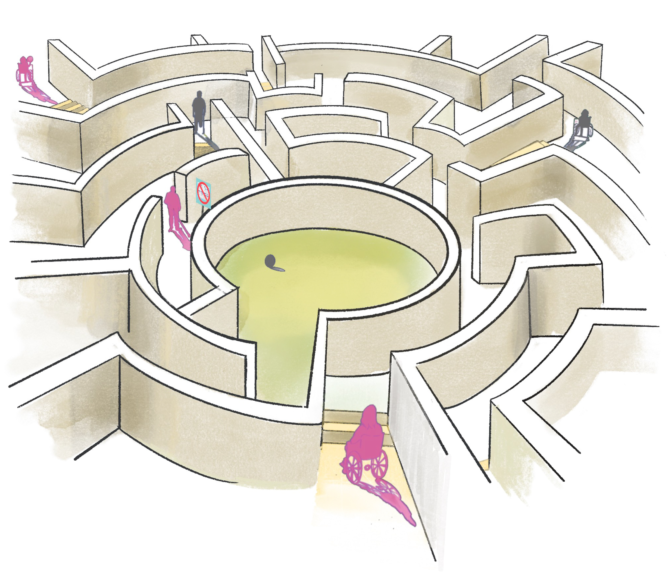 A digital illustration of a person on a wheelchair in front of a labyrinth with a circular design. The labyrinth has thick, beige walls. The overall scene conveys a sense of inaccessibility and difficulties that people with disabilities are faced with when it comes to accessing education.